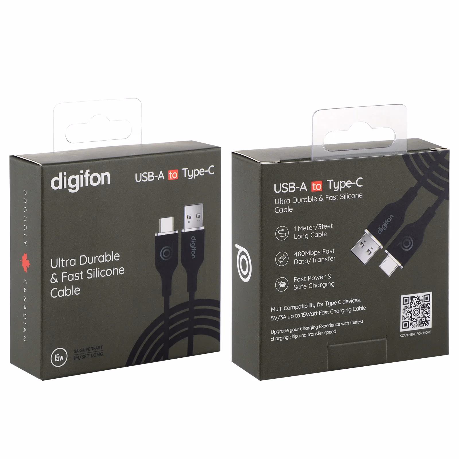 Ultra Durable & Fast Silicone USB A to Type C 1M Cable 15W Black - digifon