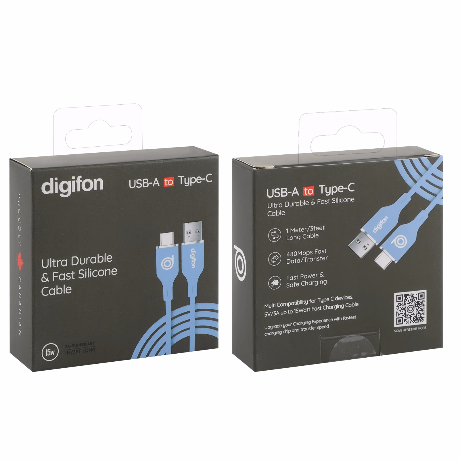 Ultra Durable & Fast Silicone USB A to Type C 1M Cable 15W Black - digifon